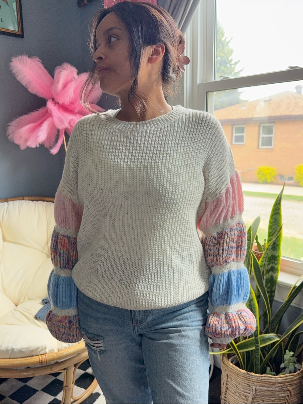 SHEIN Cream Knit Crewneck Sweater with Pink and Blue Balloon Sleeves